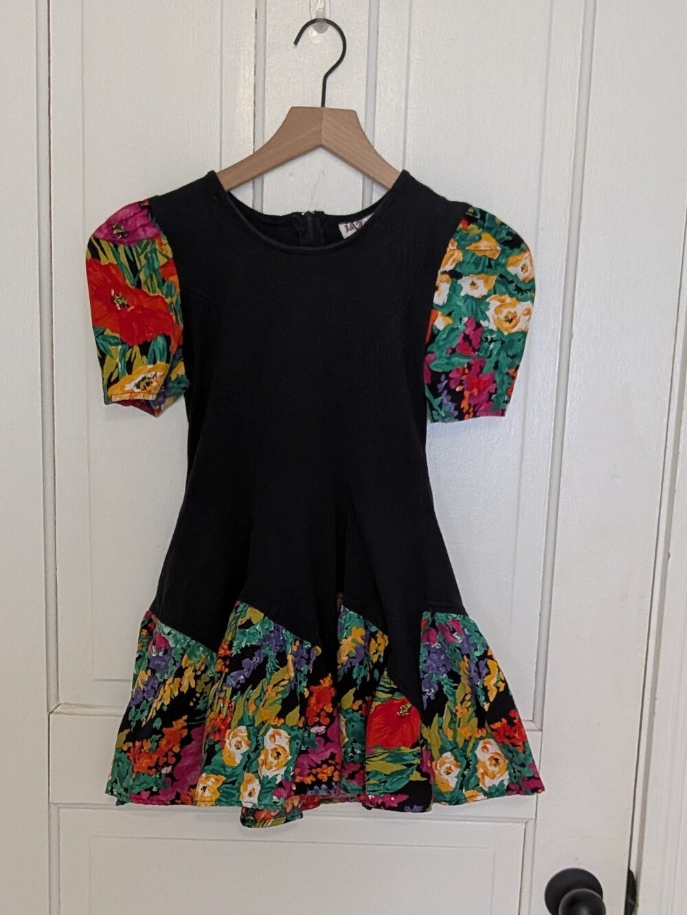Vintage Jazz Kids black drop waist dress W/ colorful floral sleeves & bottom 10